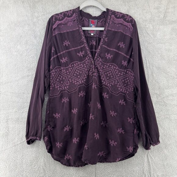 Johnny Was Top S Burgundy Floral Boho Embroidered V-Neck Long Sleeve Sheer - Picture 1 of 13